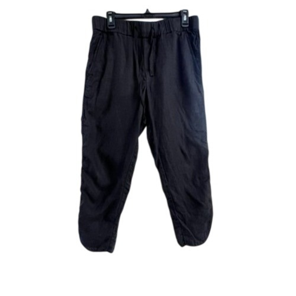 Black‎ Linen Blend Ruched Tapered Jogger Pants with Drawstring Waist